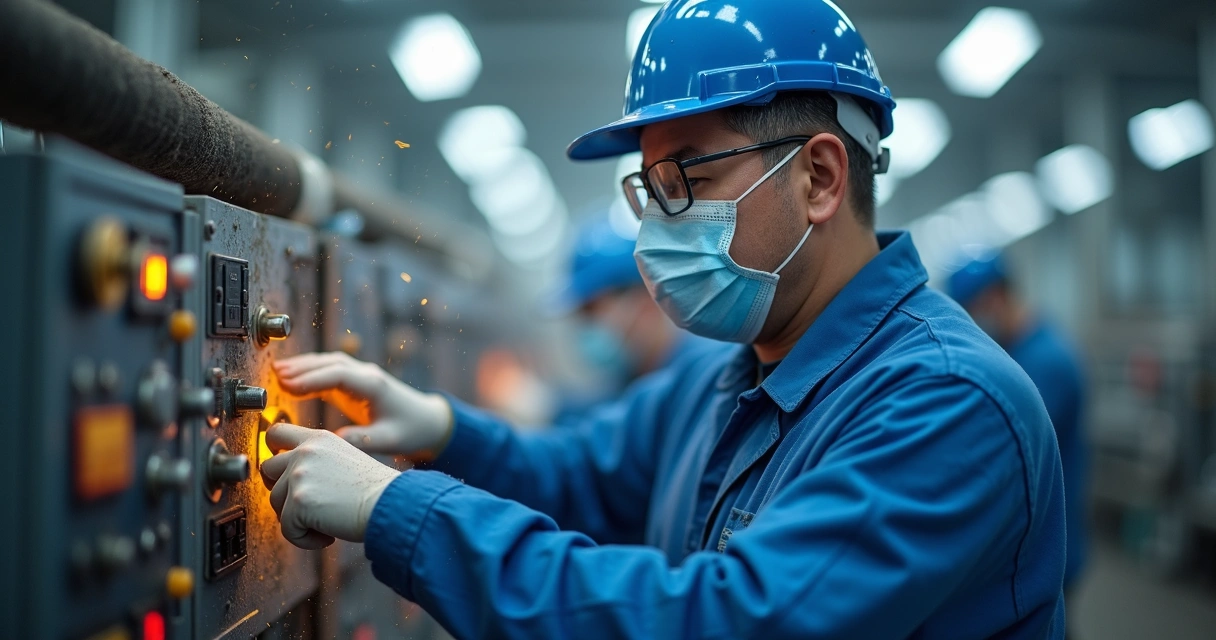 Trabalhador usando máscara em ambiente com poeira, protegendo-se de agentes causadores de asma