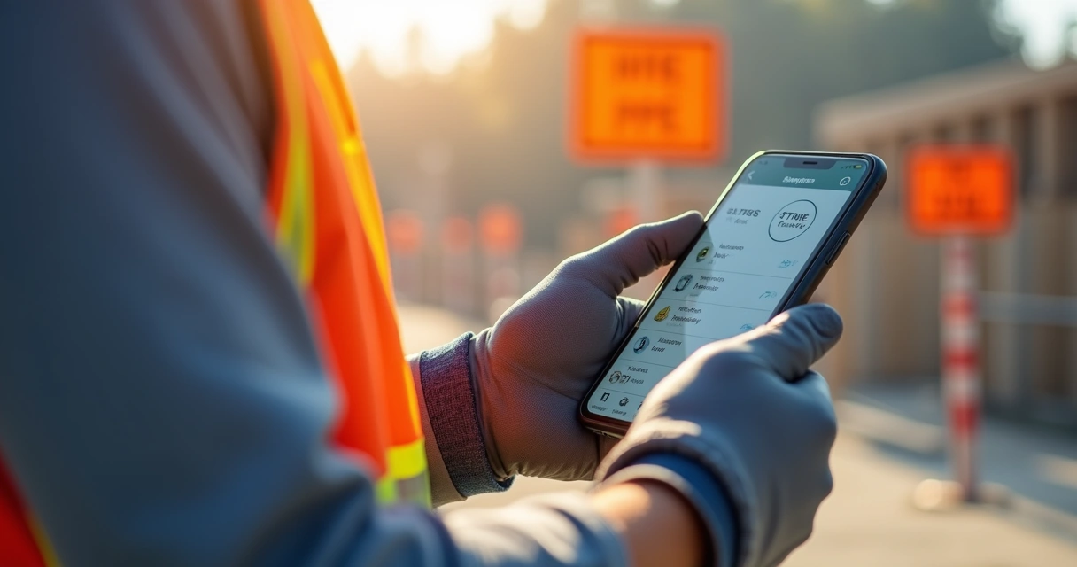 Trabalhador de obra verificando EPI e ponto digital em celular 