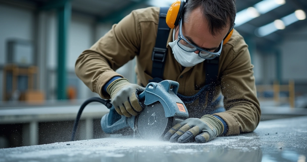 Trabalhador usando EPI corta granito com máquina úmida 