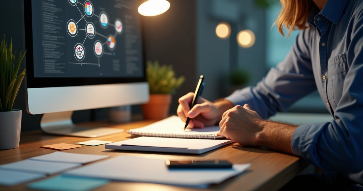 Pessoa concentrada trabalhando em microtarefas digitais com computador e papéis 