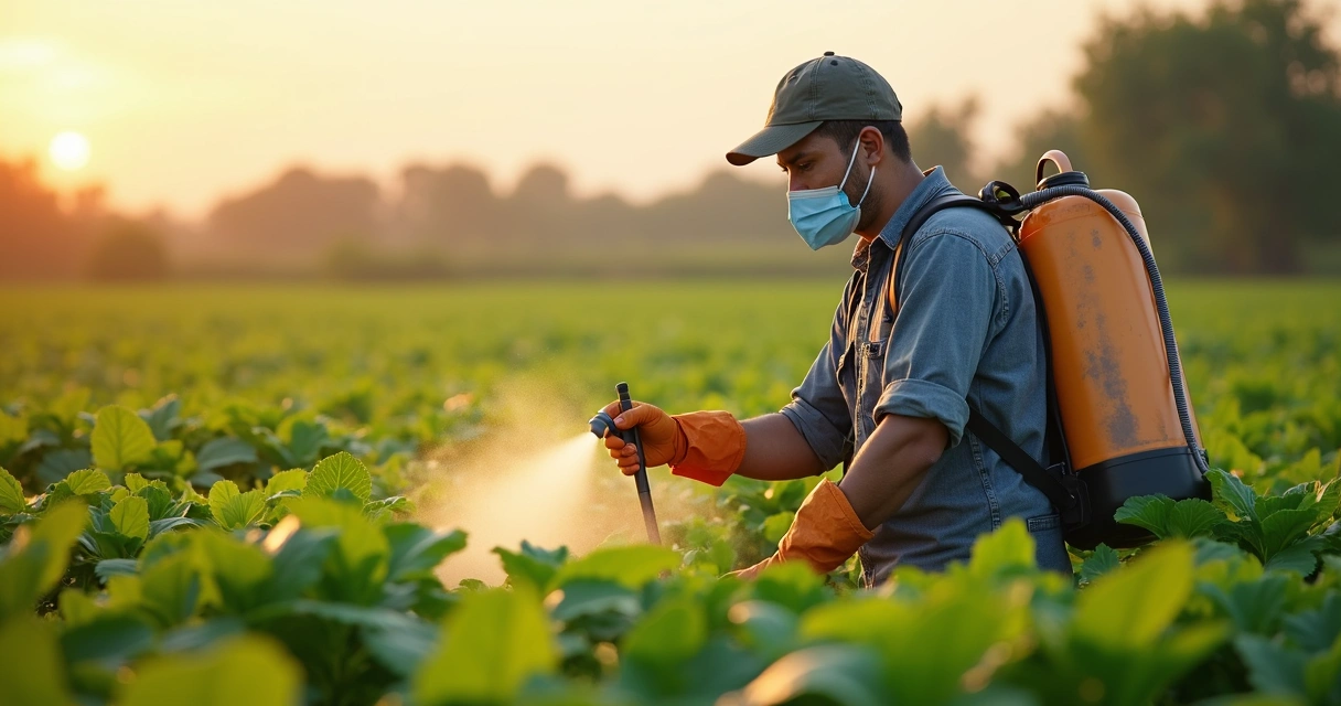 Trabalhador rural aplicando defensivo agrícola usando luvas e máscara 