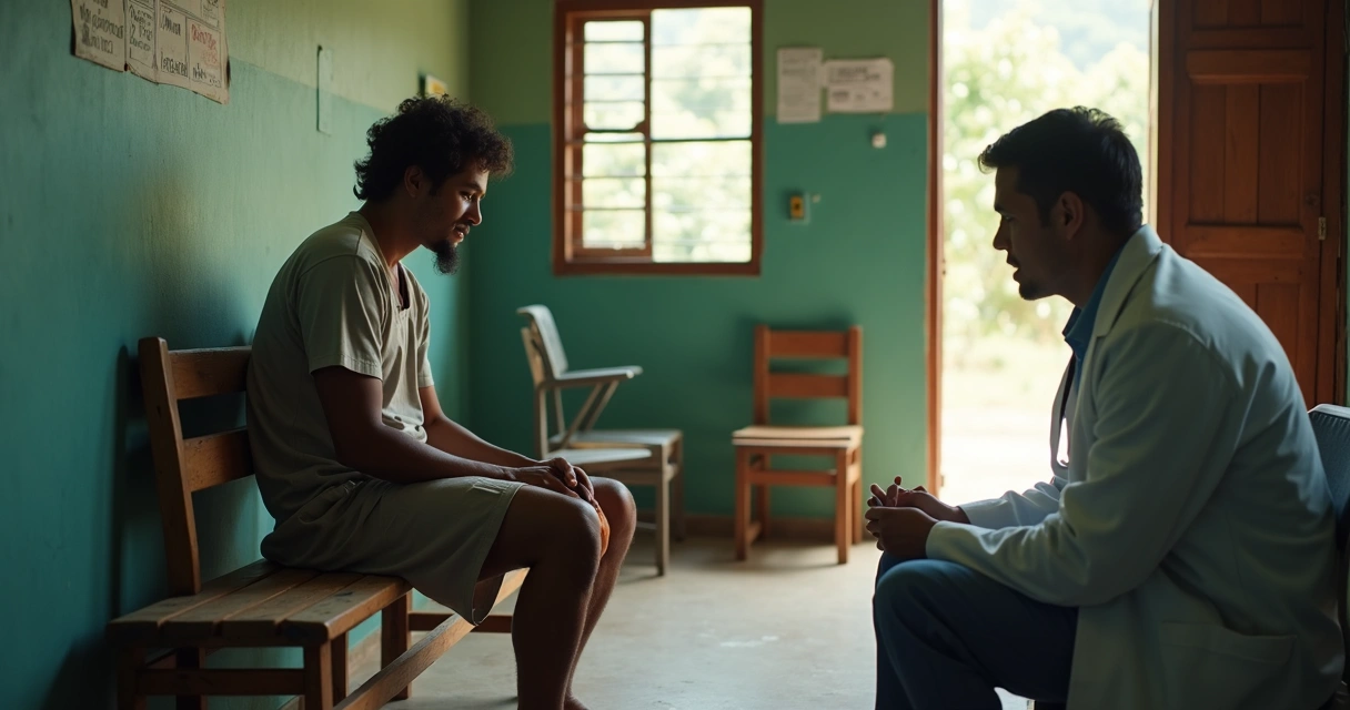 Trabalhador rural em consulta mostrando sequela de fratura. 