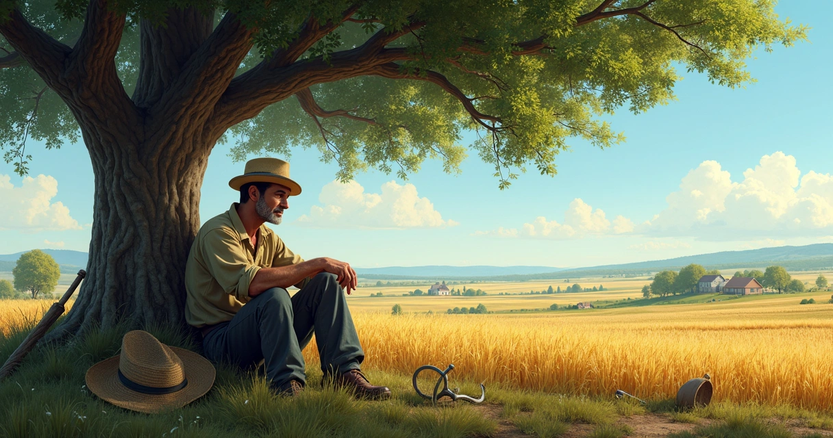 Trabalhador rural sentado sob árvore, olhando horizonte, aparente cansaço 