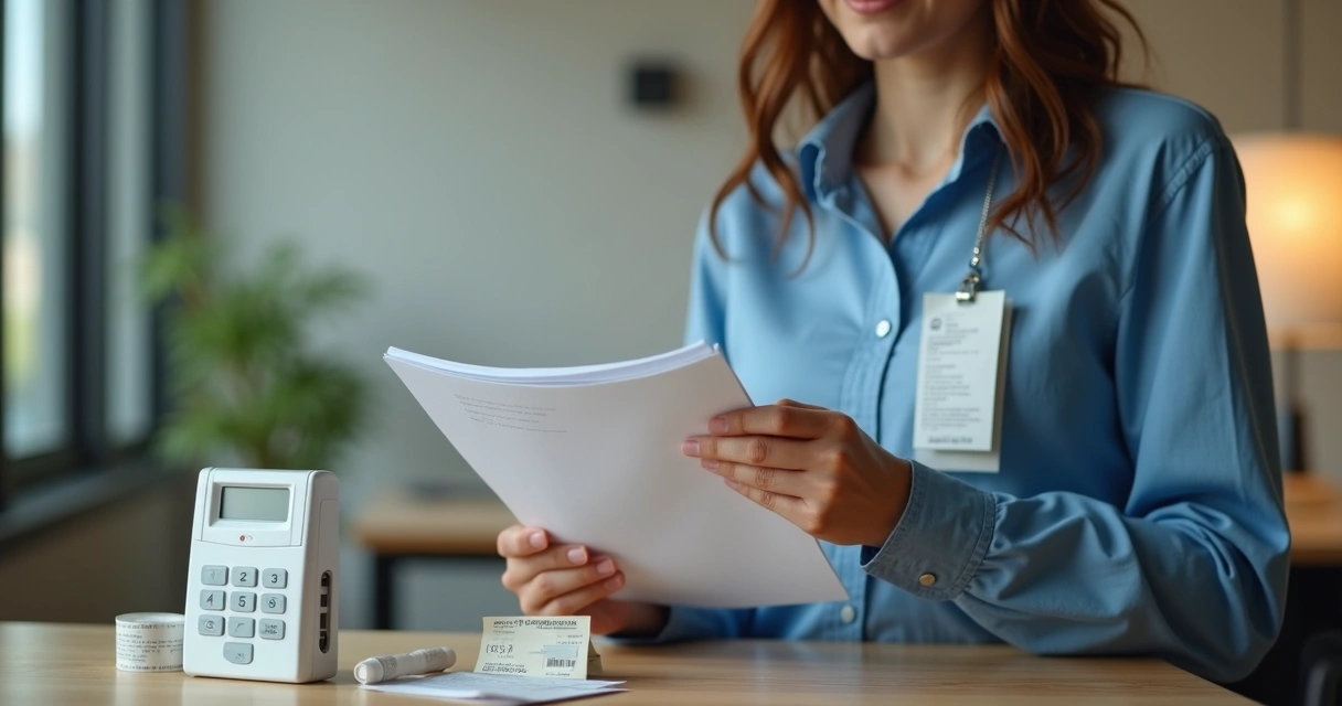 Pessoa com uniforme segurando documentos de empresa. 