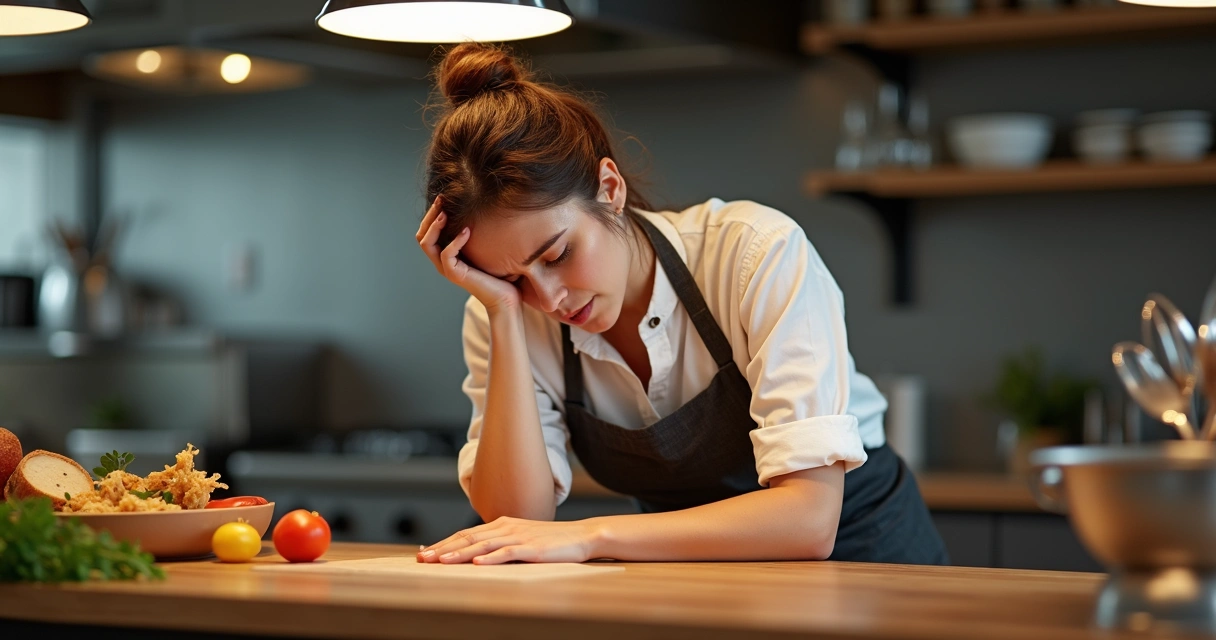 Mulher de avental na cozinha, aparentando cansaço e fadiga