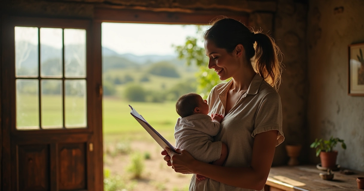 Mulher rural com documentos da atividade segurando bebê recém-nascido 