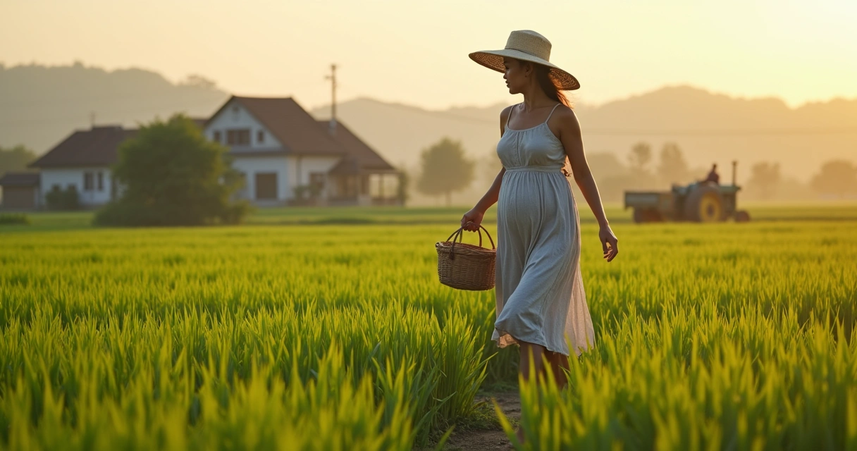 Trabalhadora rural grávida caminhando em plantação