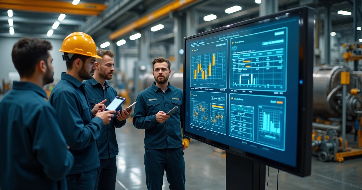 Equipe de manutenção industrial analisando dados integrados na fábrica. 