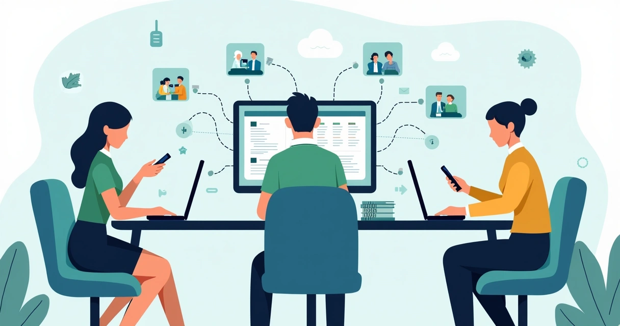 Profissionais trabalhando em ambientes digitais com laptops e smartphones 