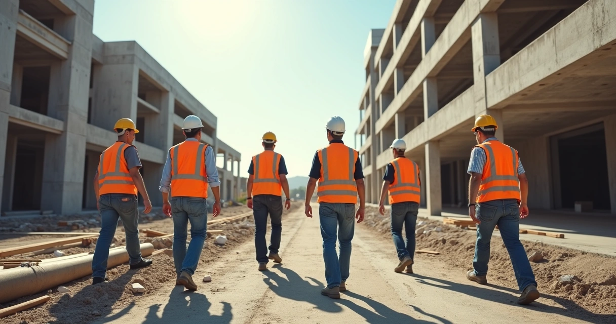 Trabalhadores em atividade no canteiro de obras, com EPIs 