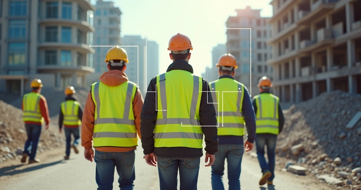 Trabalhadores em canteiro de obra sendo monitorados por IA 