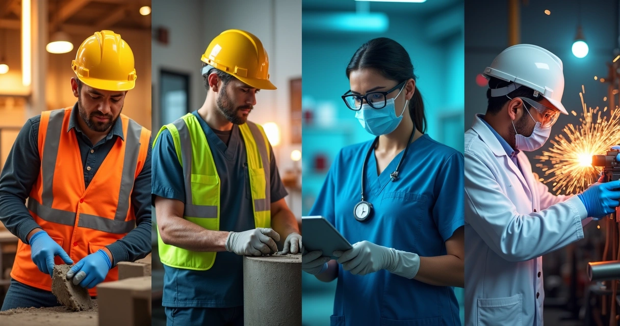 Trabalhadores em diferentes funções com equipamentos de proteção, ambiente industrial e hospitalar 