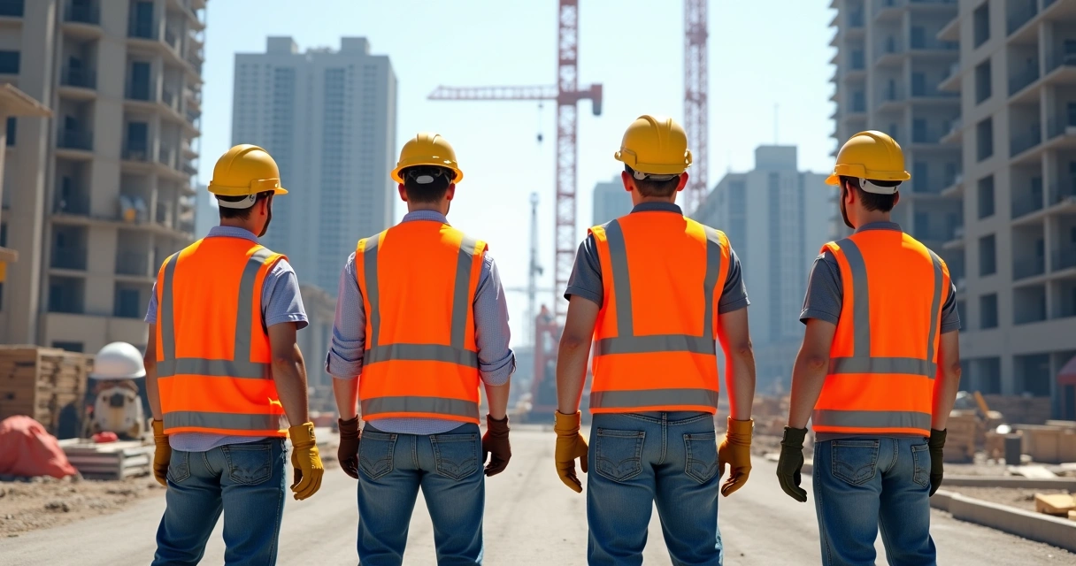 Trabalhadores utilizando EPIs em obra, capacetes e coletes refletivos