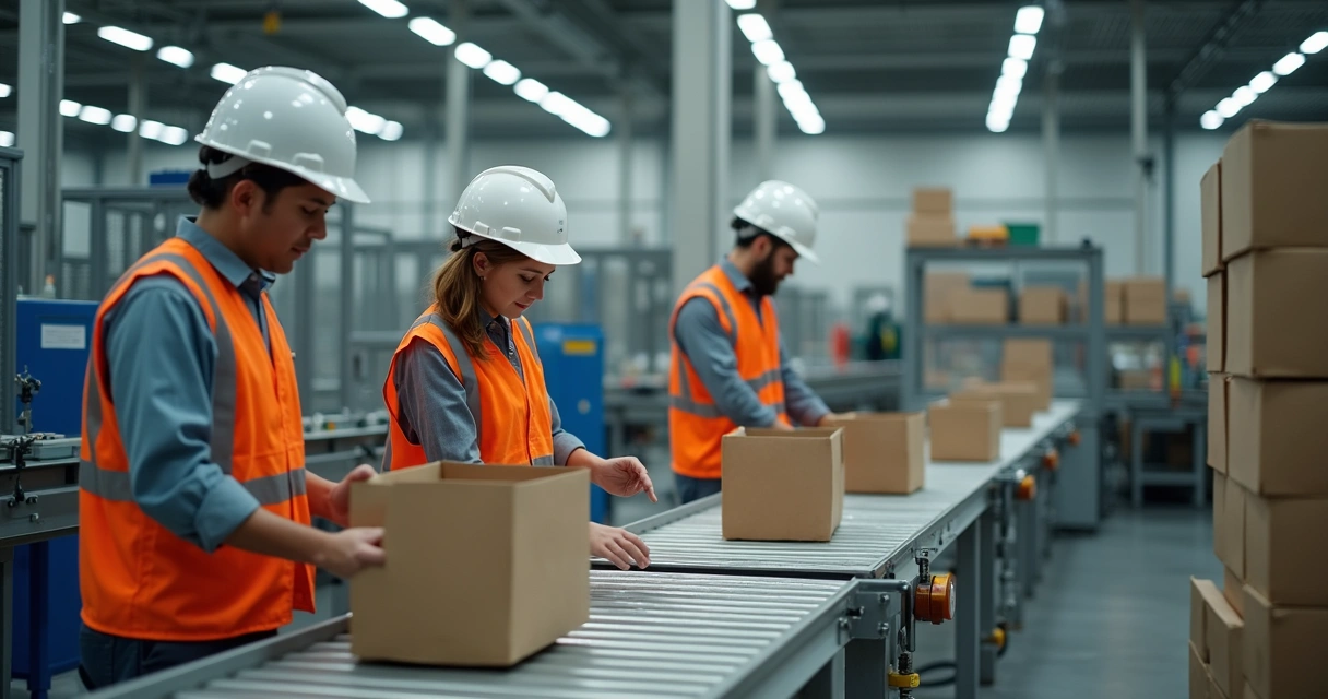Trabalhadores em área industrial organizando produtos 