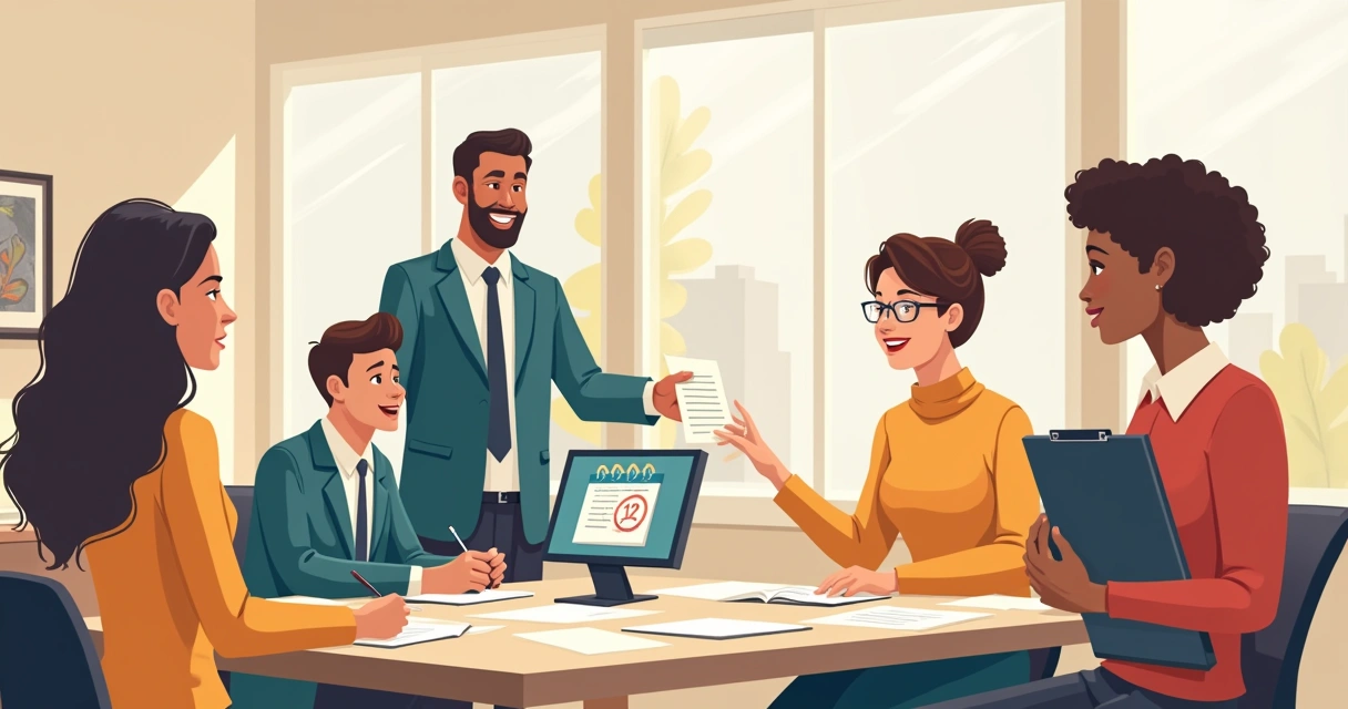 Grupo diversificado de trabalhadores em um escritório moderno, com um colaborador escrevendo carta de demissão.
