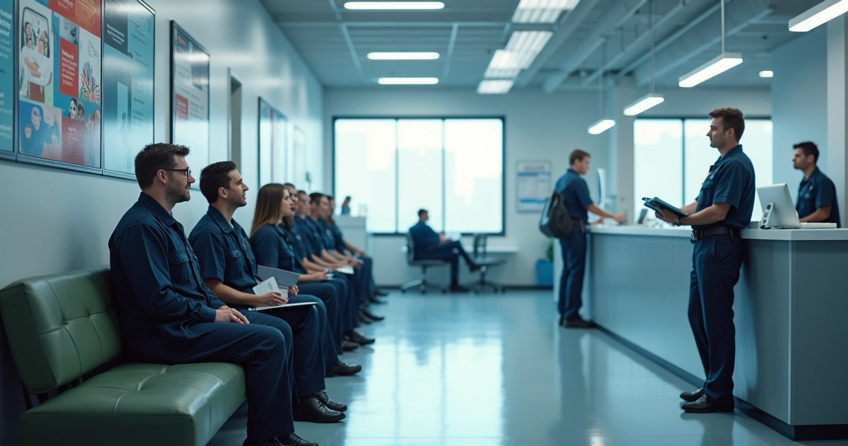 Funcionários esperando em clínica de medicina do trabalho moderna 