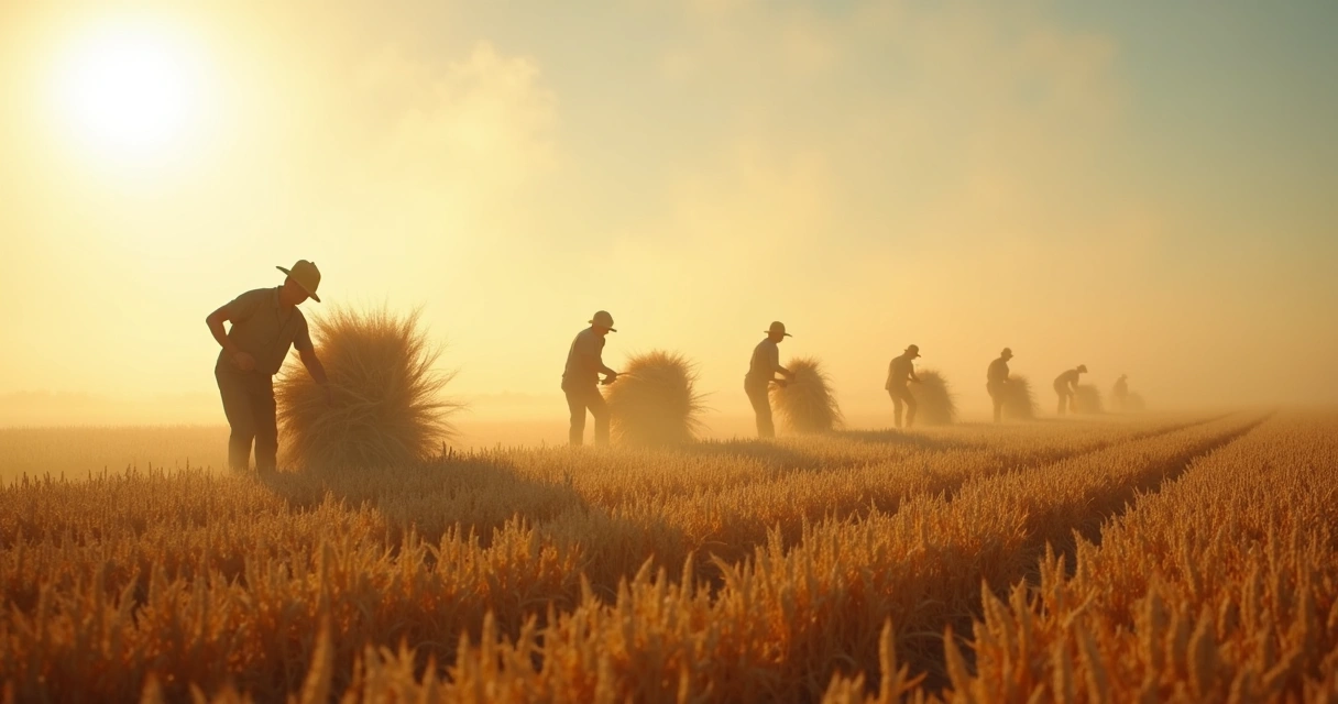 Trabalhadores rurais colhendo sob sol forte e sem sombra