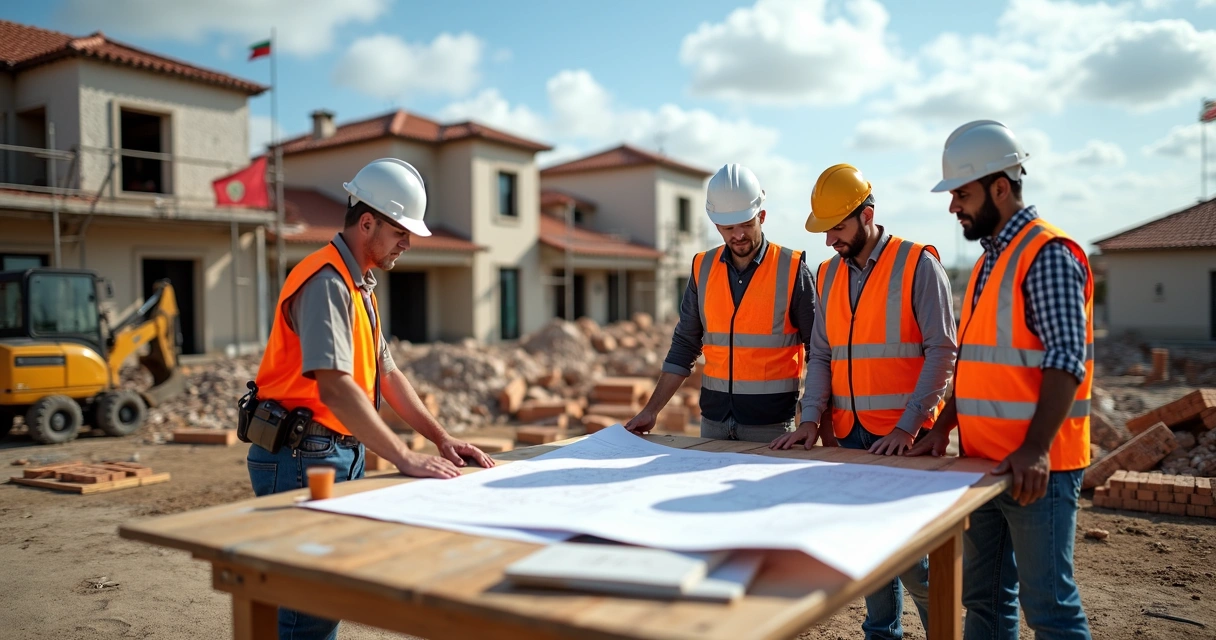 Trabalhadores imigrantes da construção civil em obra de reconstrução em Portugal 