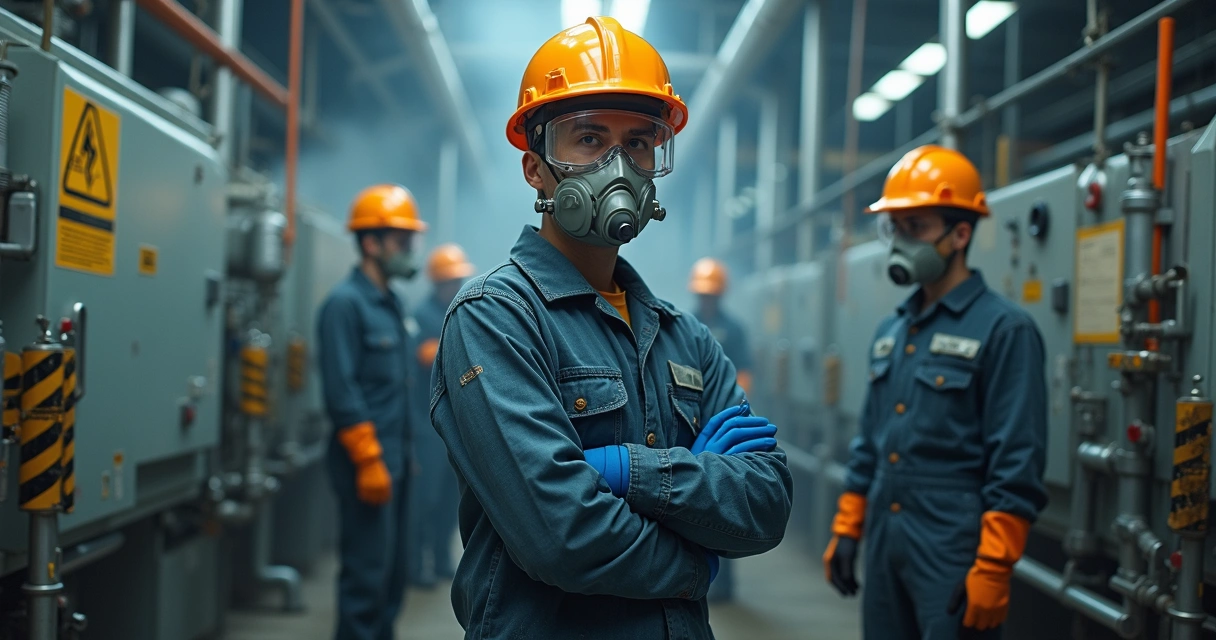 Trabalhadores industriais usando equipamentos de proteção em área de risco 