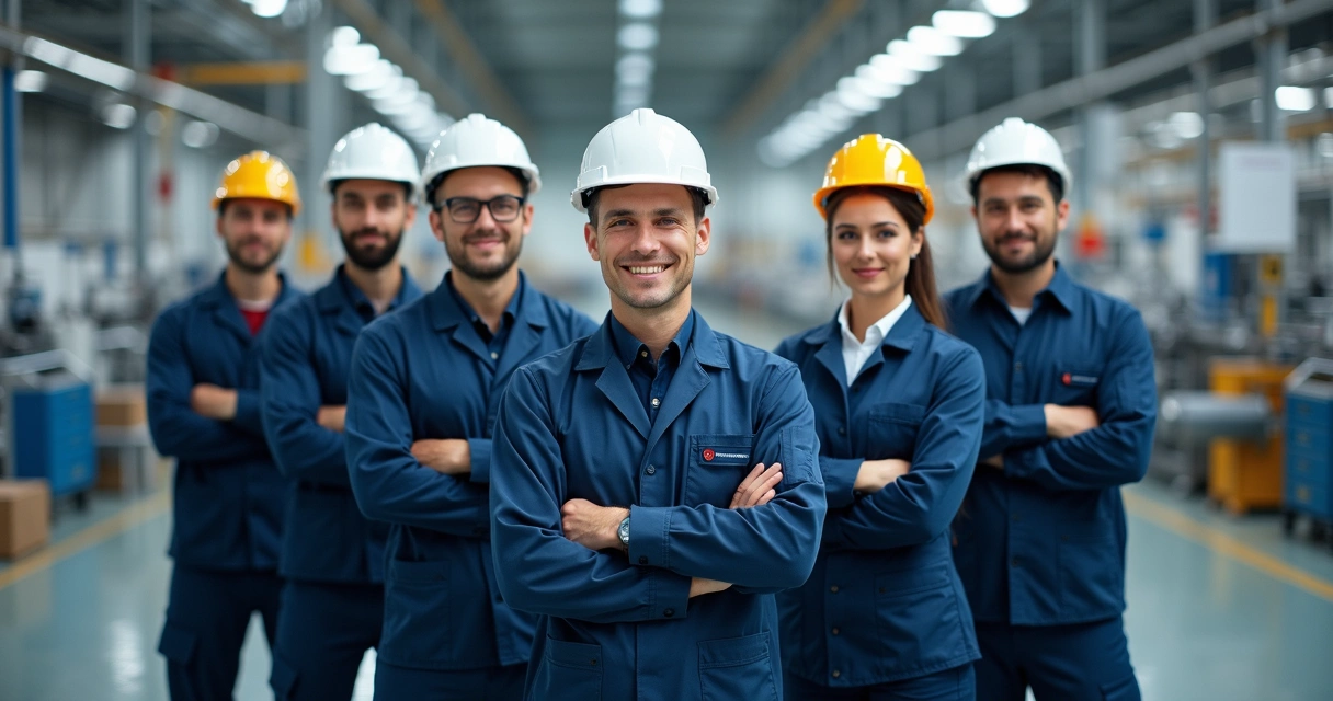 Equipe de trabalhadores industriais uniformizados em Paulínia 