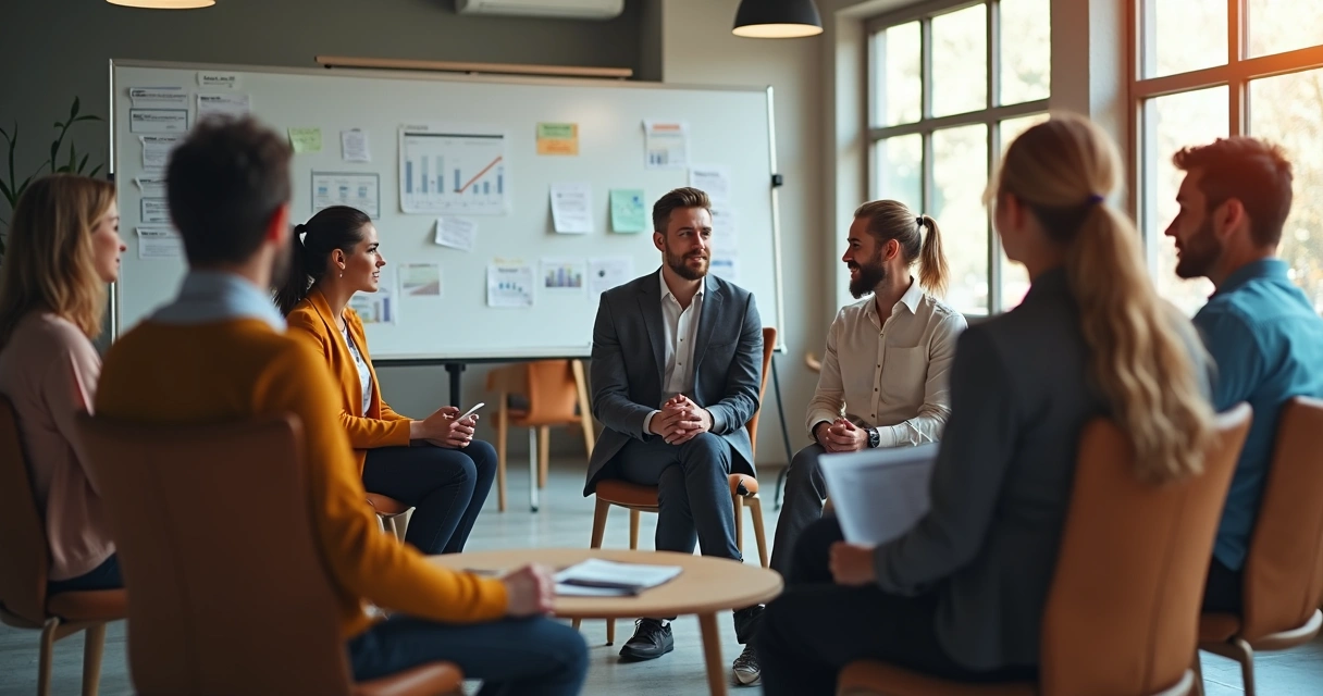 Equipe reunida debatendo sobre saúde mental no trabalho