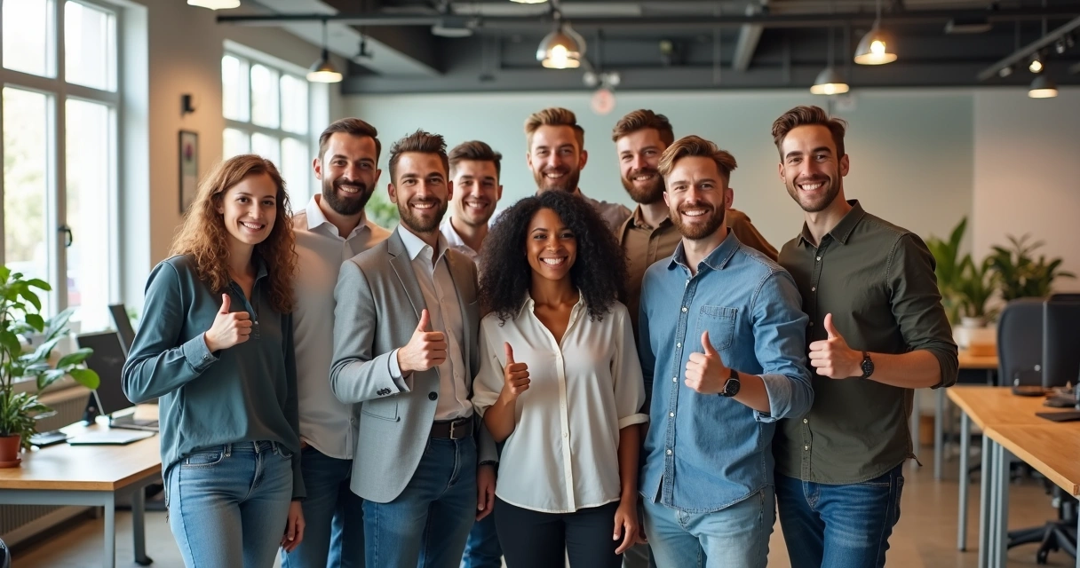 Colaboradores sorridentes em ambiente de trabalho seguro 