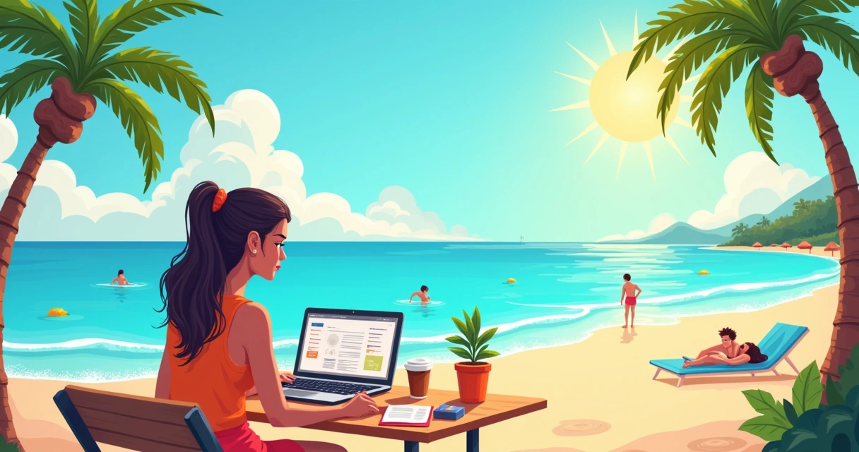 Pessoa trabalhando remotamente em um café na praia com laptop, café e notas, cercado por natureza.