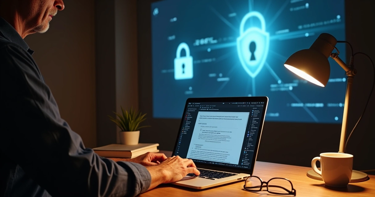 Mãos maduras digitando em notebook com rosto desfocado projetado em tela com cadeado digital 