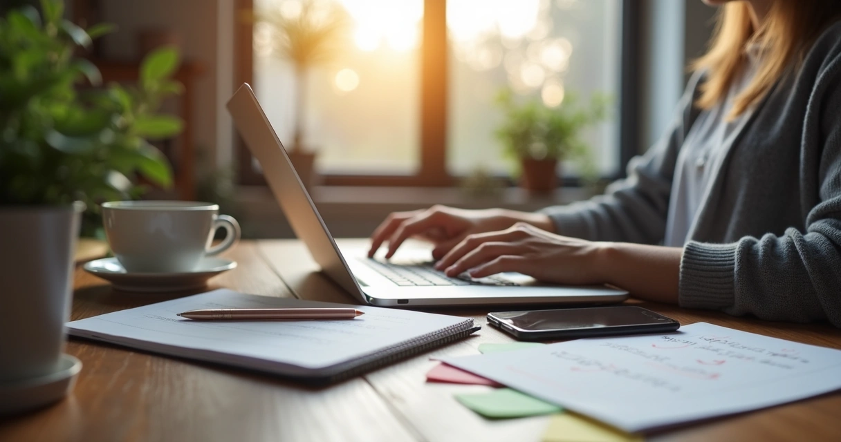 Pessoa trabalhando no notebook em casa com anotações sobre marketing digital