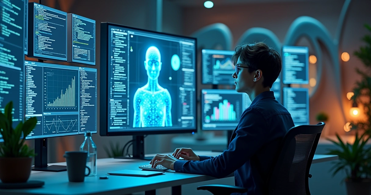 Humano e agente de IA colaborando em frente a múltiplas telas e gráficos dinâmicos 