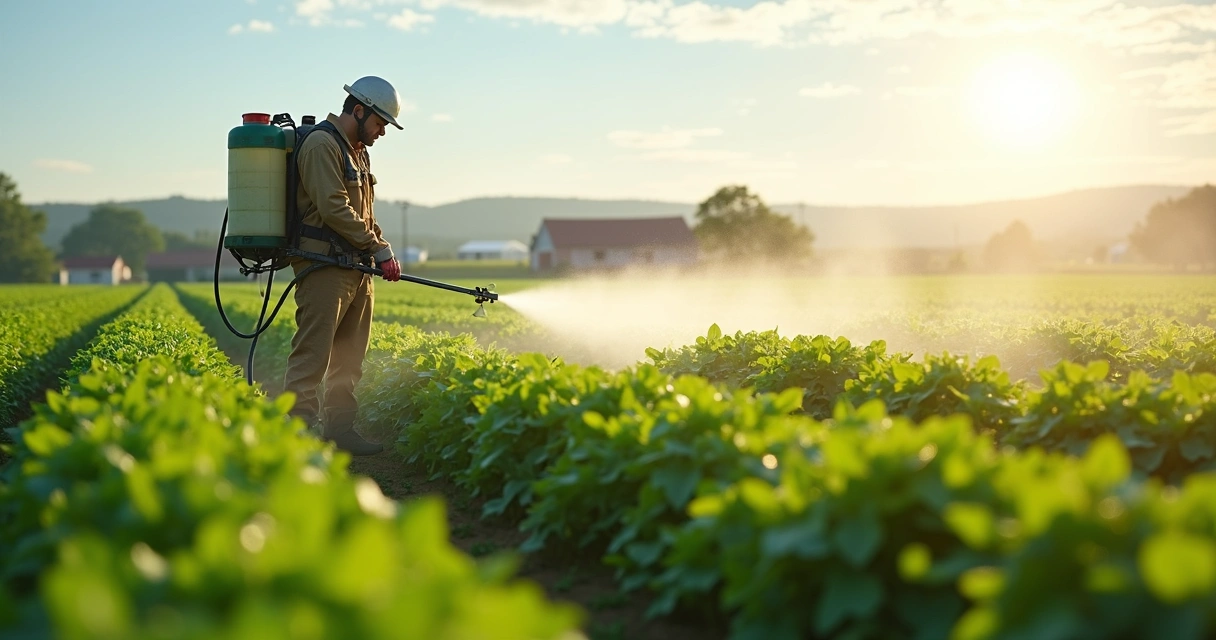 Agricultor aplica agrotóxico em plantação, pulverizador nas costas, vegetação verde ao fundo