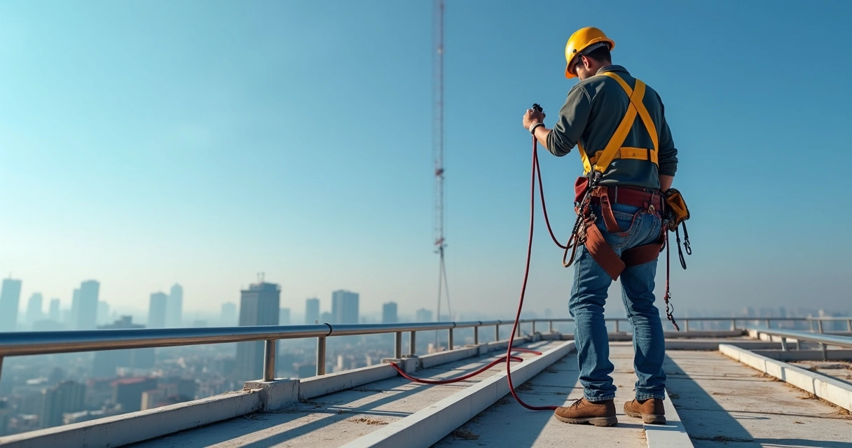 Trabalhador em altura com guarda-corpo e linha de vida