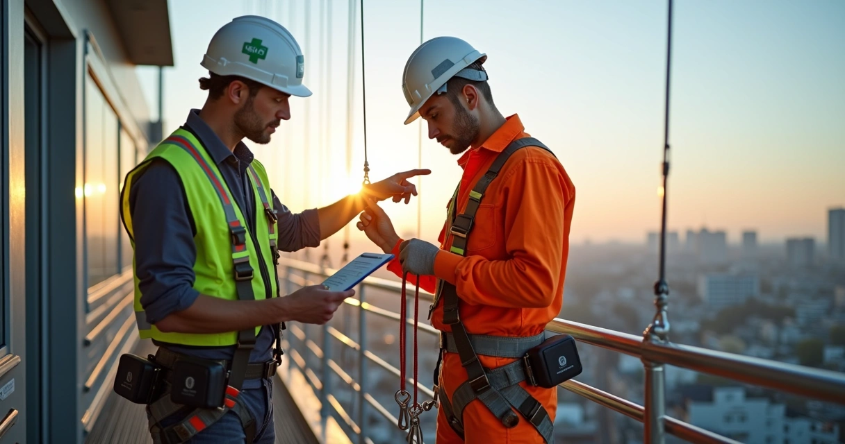 Técnico de segurança orientando trabalhador com EPI completo em plataforma elevada com cidade ao fundo 