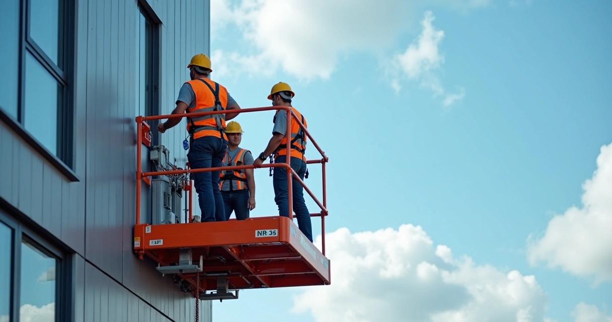 Trabalhador usando EPI em plataforma elevatória com supervisão 