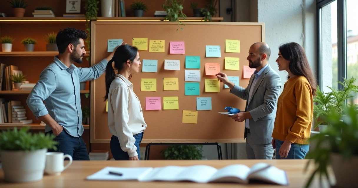 Profissionais montando mural colorido com frases de respeito e apoio mútuo 