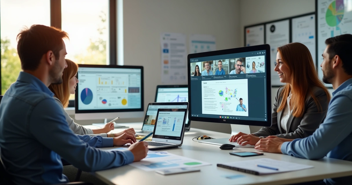 Equipes trocando ideias sobre documentos em ambiente virtual 