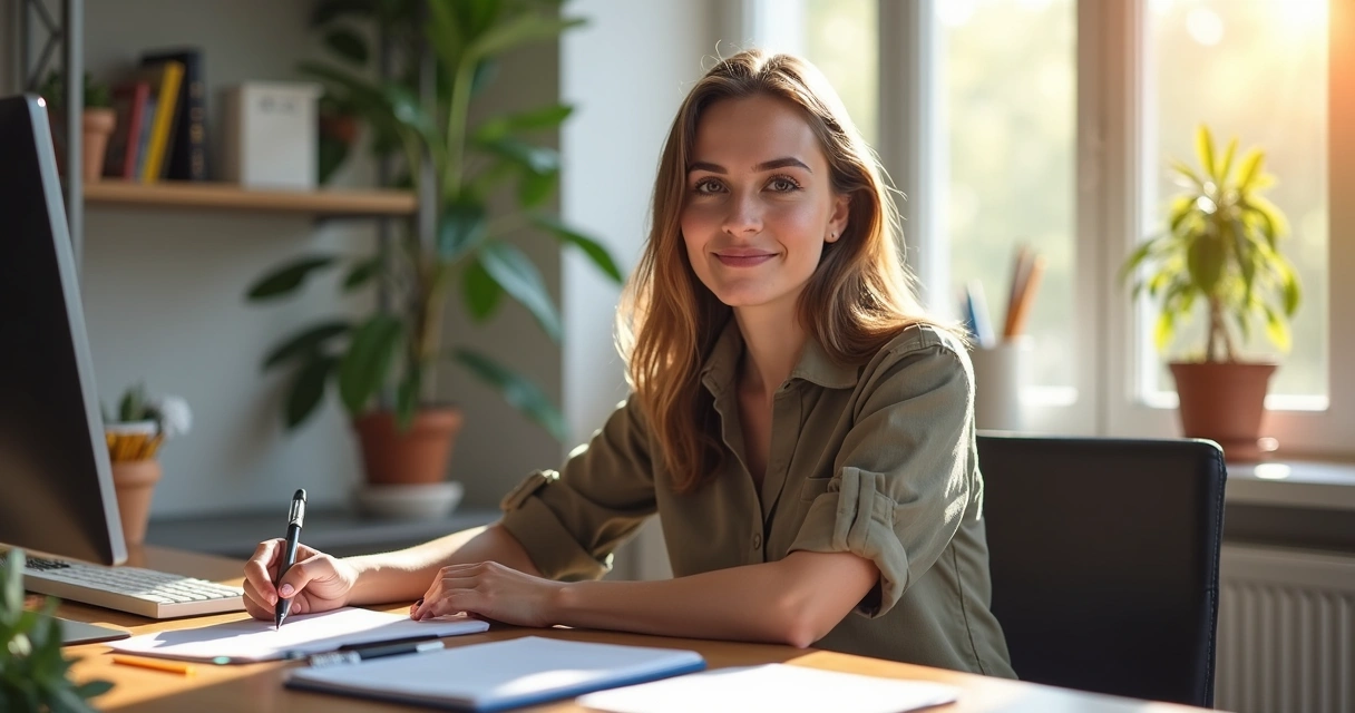 Mulher sentada em sua mesa de trabalho com expressão confiante e focada, papéis organizados e computador ligado 