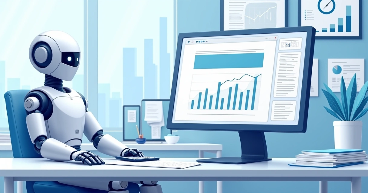 Robô digital trabalhando em um computador ao lado de papéis e calculadora 
