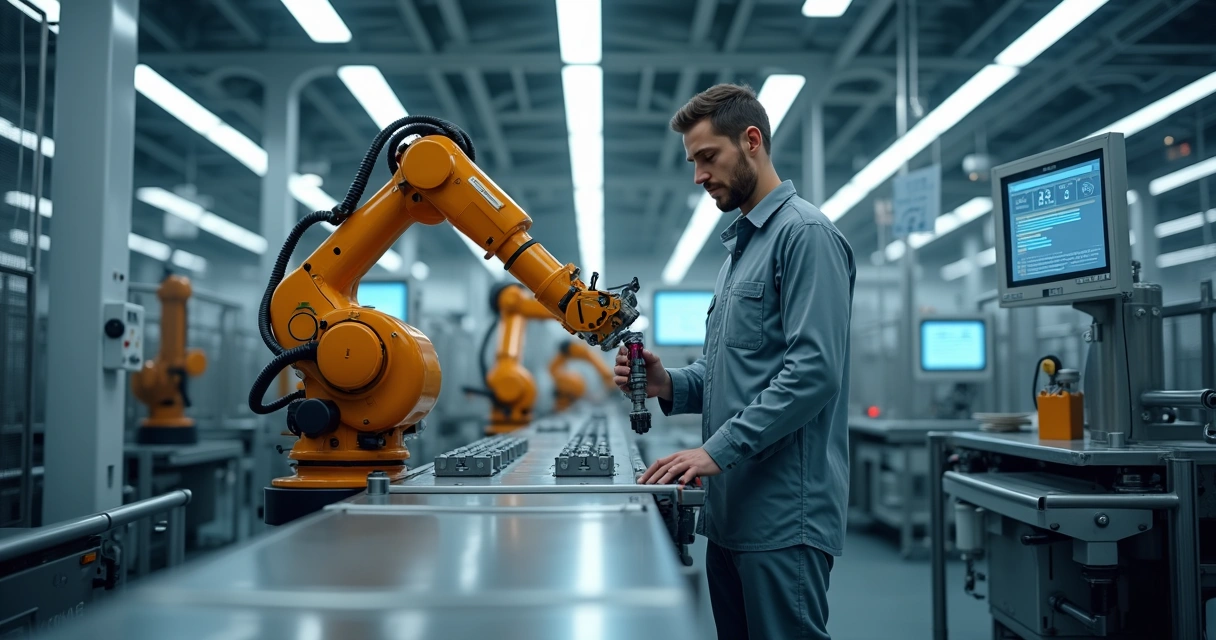 Trabalhador humano e braço robótico colaborando em linha de montagem 
