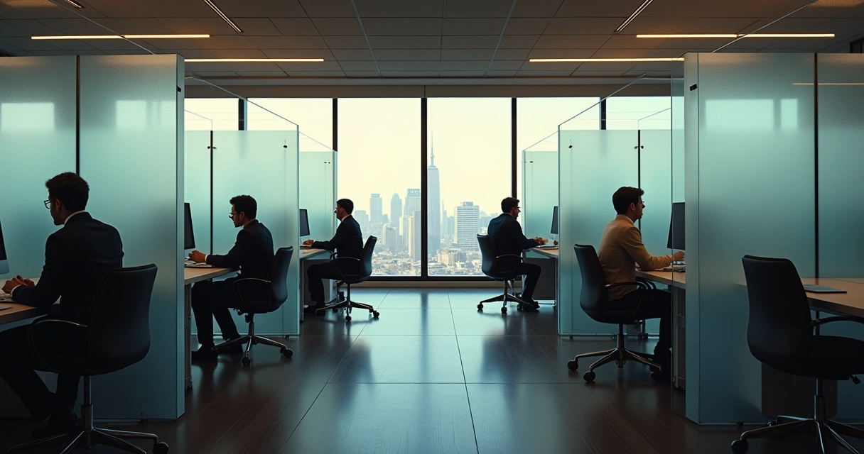 Ambiente de trabalho com barreiras transparentes entre pessoas 