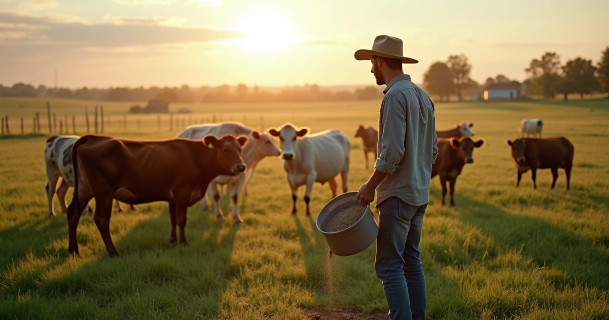 Pecuarista alimentando gado em pasto verde 