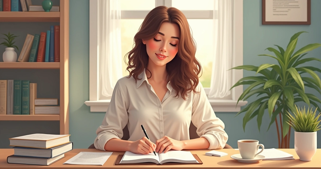 Mulher trabalhando com notebook em casa, ambiente organizado e tranquilo