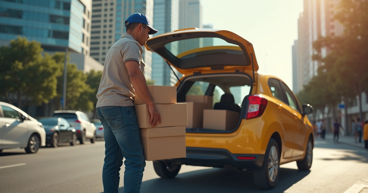 Entregador com carro trabalhando em cidade 