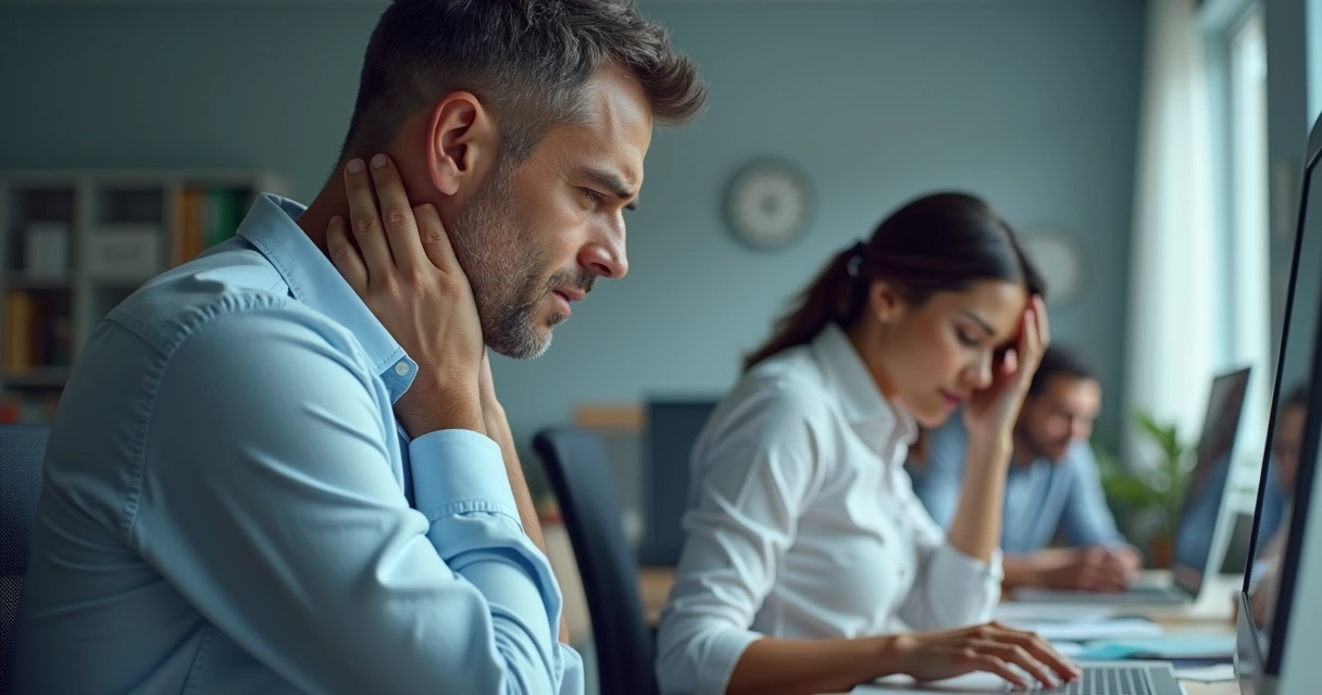 Colaborador trabalhando com dor sentado à mesa de escritório 