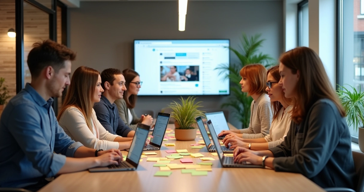 Equipe sentada fazendo brainstorm com tablets e laptops simulando criação de conteúdo LinkedIn 