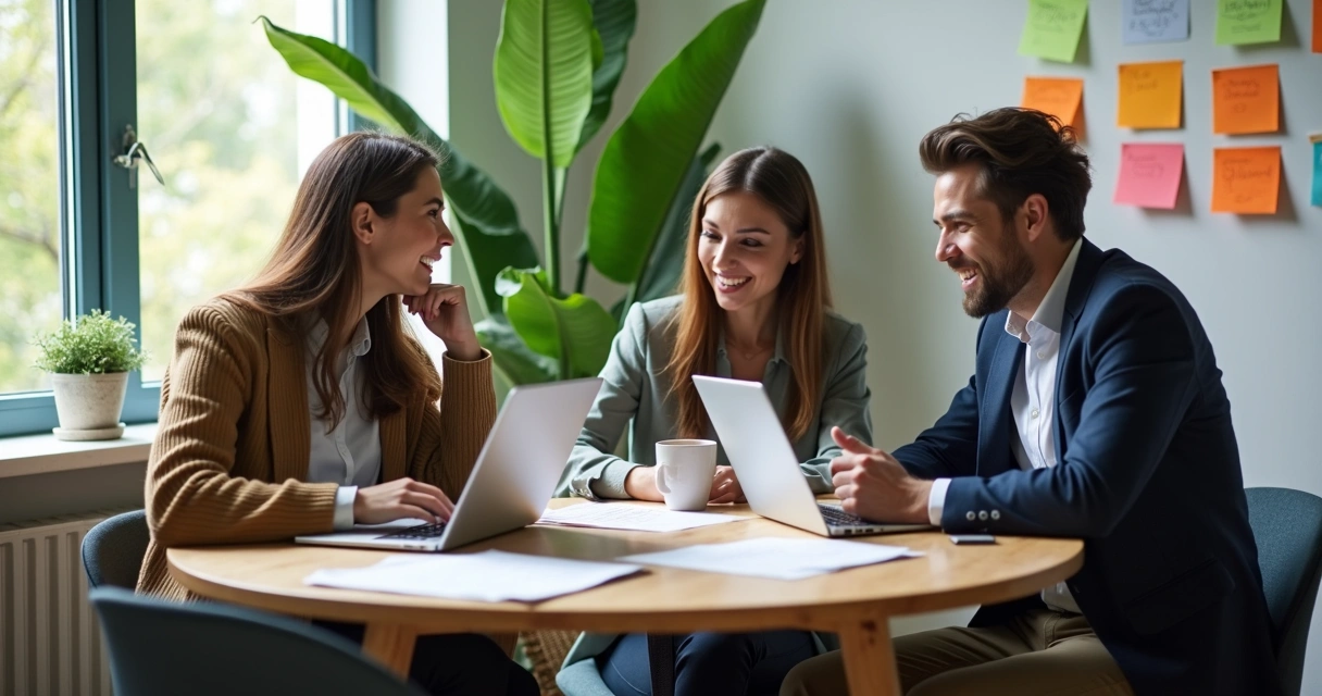 Colaboradores trabalhando juntos em mesa redonda 