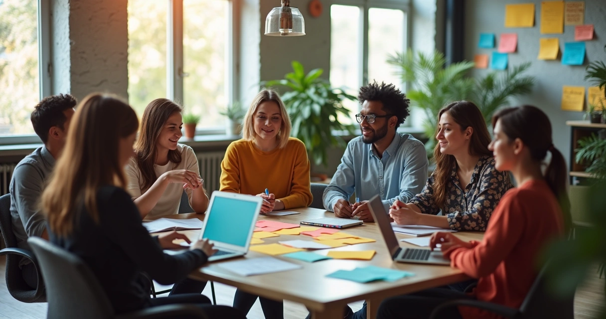 Equipe diversa sentada em roda trocando ideias no escritório 