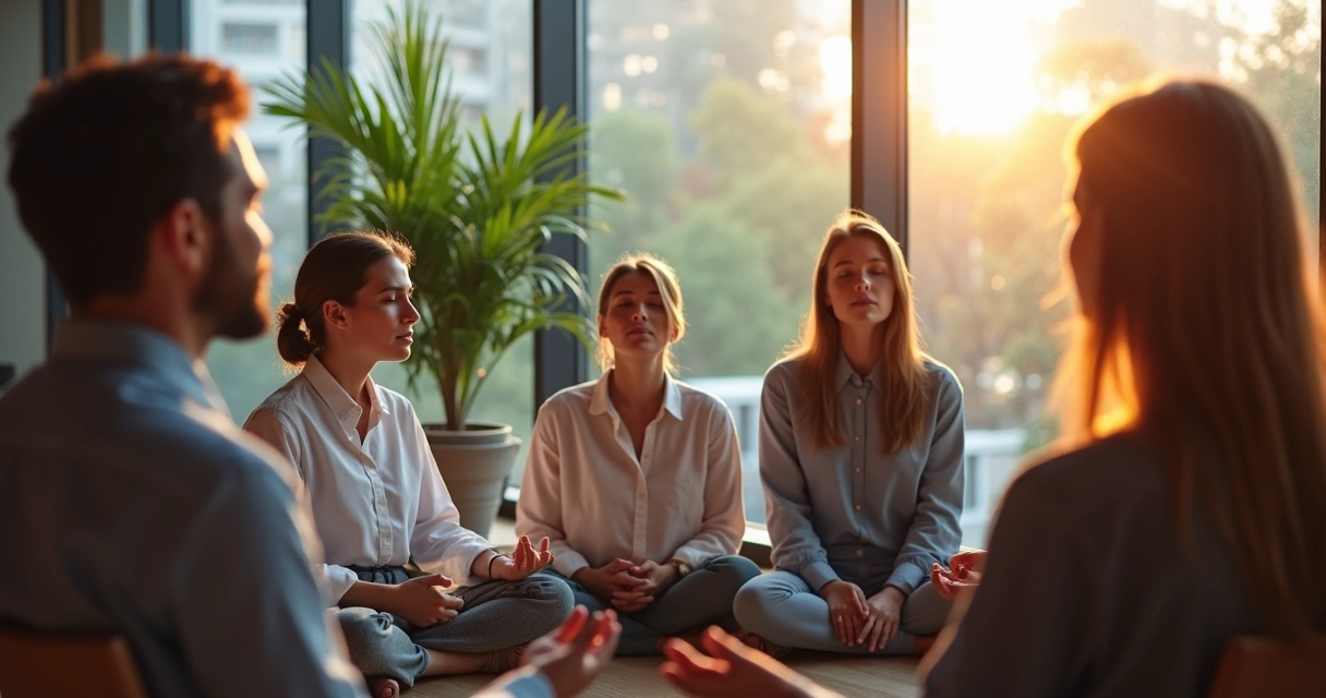 Colaboradores de escritório em roda fazendo uma breve meditação coletiva 