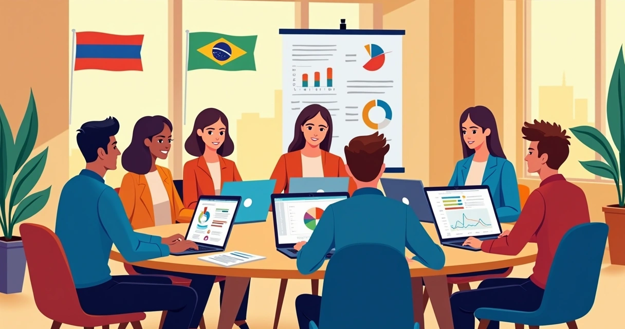 Profissionais de TI de diferentes países latino-americanos em reunião de trabalho 