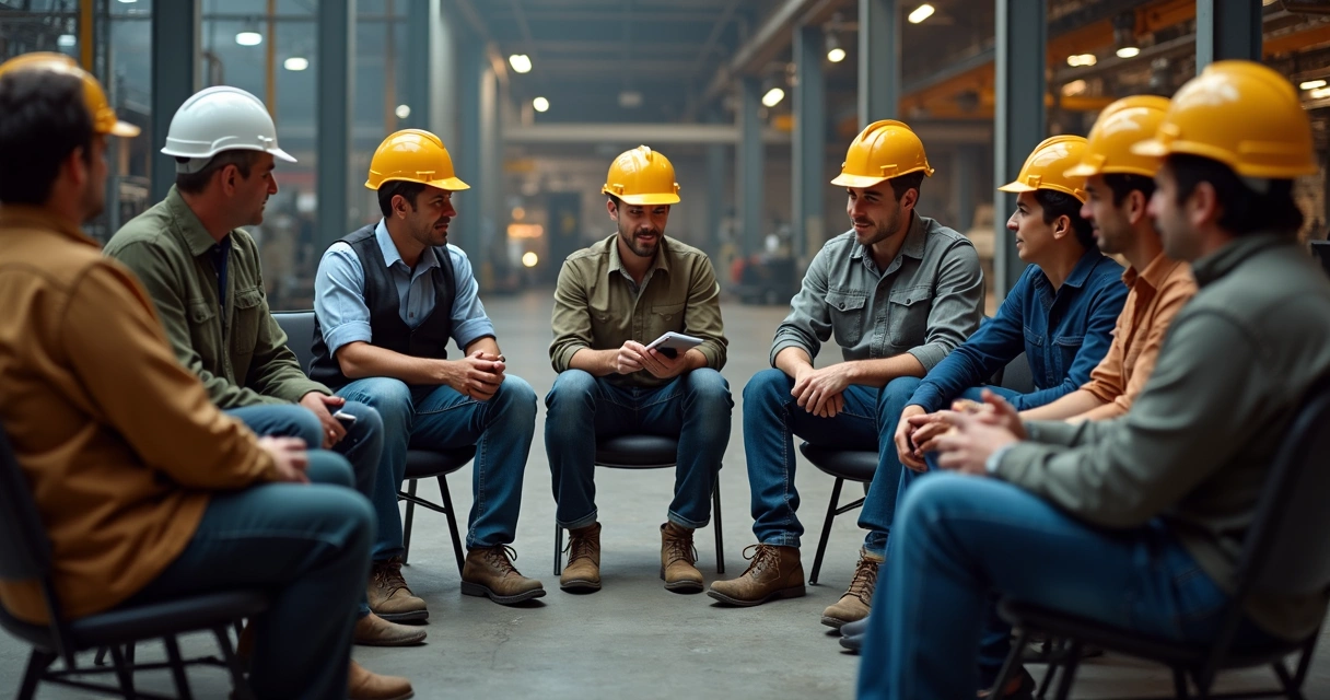 Trabalhadores reunidos em roda em ambiente de fábrica compartilhando ideias